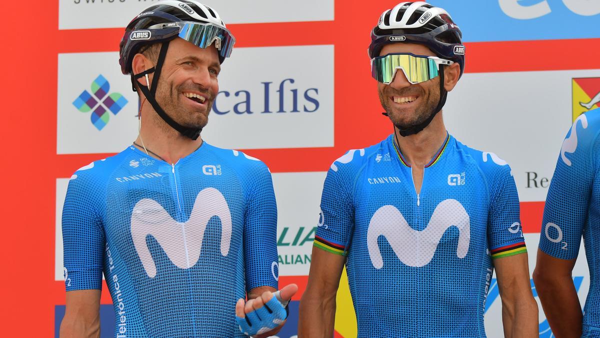 Los murcianos José Joaquín Rojas y Alejandro Valverde antes de la salida en Sicilia.