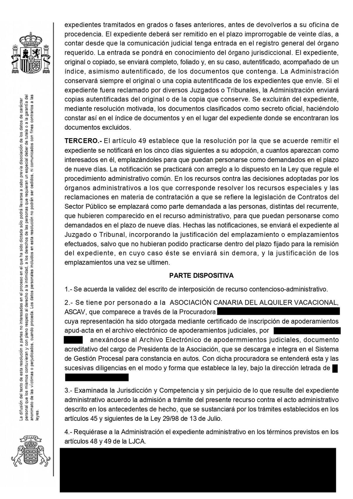 Documento de la admision a tramite del recurso contencioso ASCAV y Consejeria de Turismo del Gobierno de Canarias.
