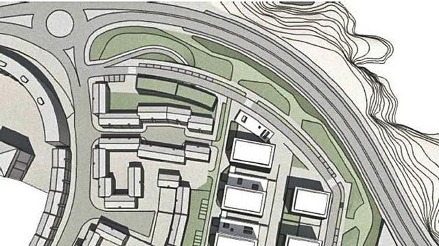 Los edificios con reservas, en verde. Recreación de una calle de Labañou tras la construcción, en dos imágenes de Metrovacesa. |   // LOC