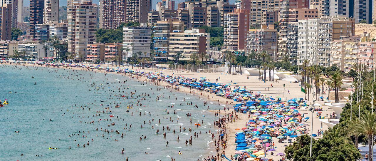 Bañistas en la playa de Poniente de Benidorm esta semana.