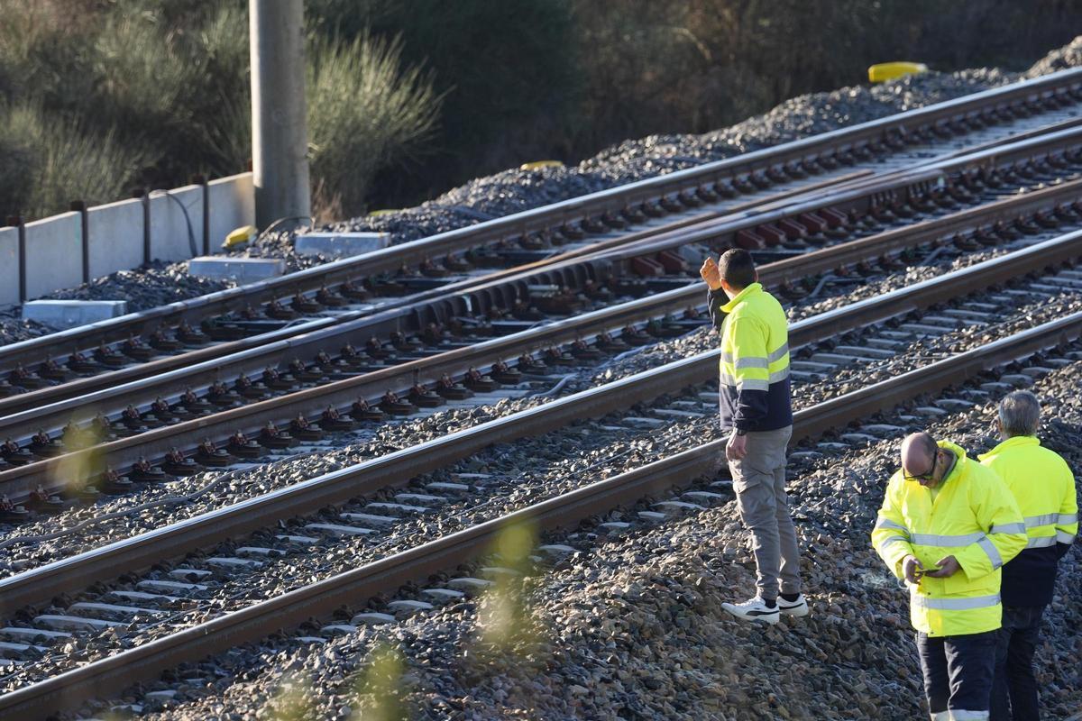 Un operario observa la zona del accidente entre un tren Iryo y un Alvia, en Adamuz (Córdoba).