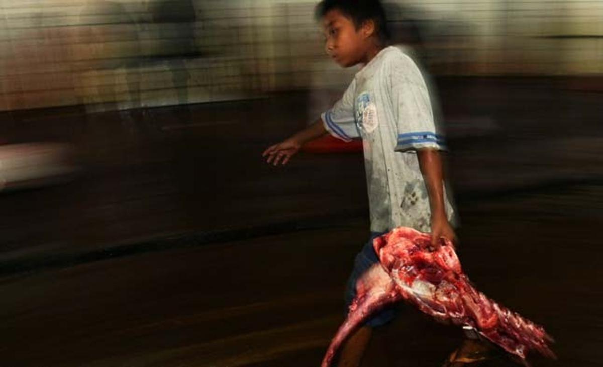 Un nen treballador carrega una peça de carn a l’escorxador de Makassar (Indonèsia).