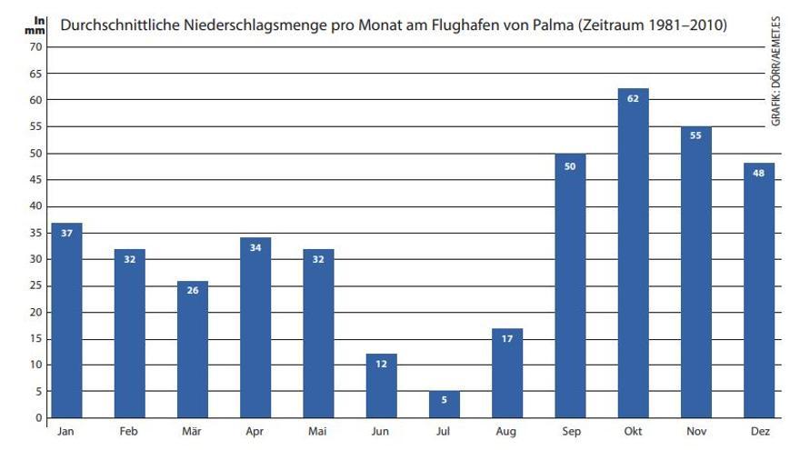 Die durchschnittliche Niederschlagsmenge pro Monat am Flughafen von Palma (Zeitraum 1981-2010).