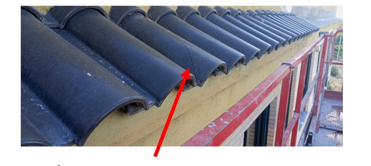 Foto del alero con tejas antes de la obra. Los vecinos creen que el daño en concreto de esa fila era "perfectamente subsanable".