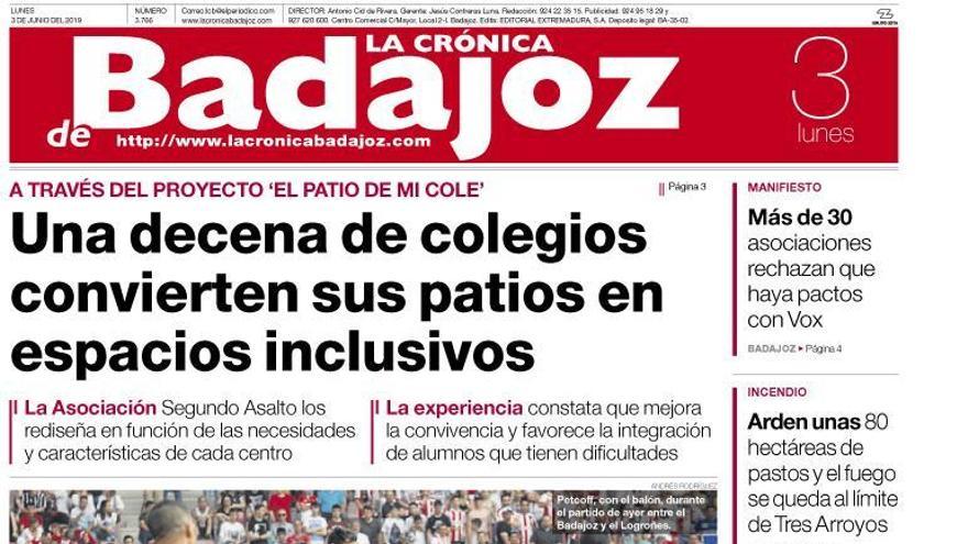 Esta es la portada de LA CRÓNICA DE BADAJOZ correspondiente al día 3 de junio del 2019