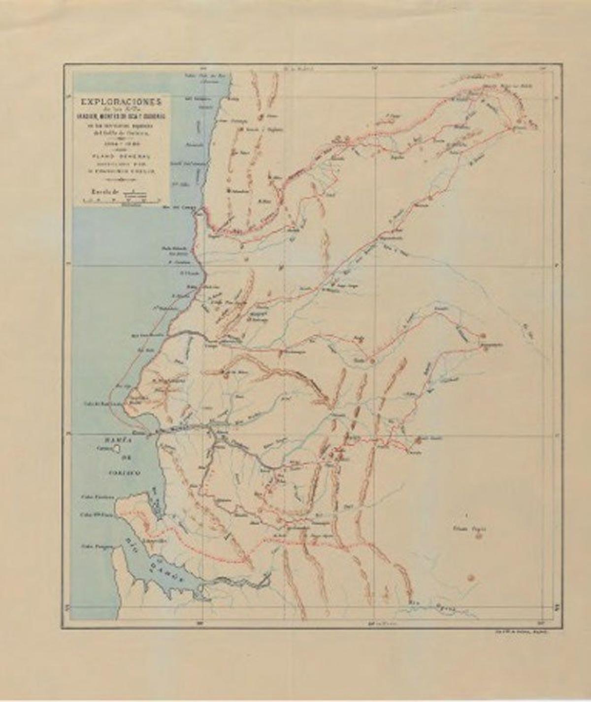 Mapa del golfo de Guinea con las expediciones de Iradier.
