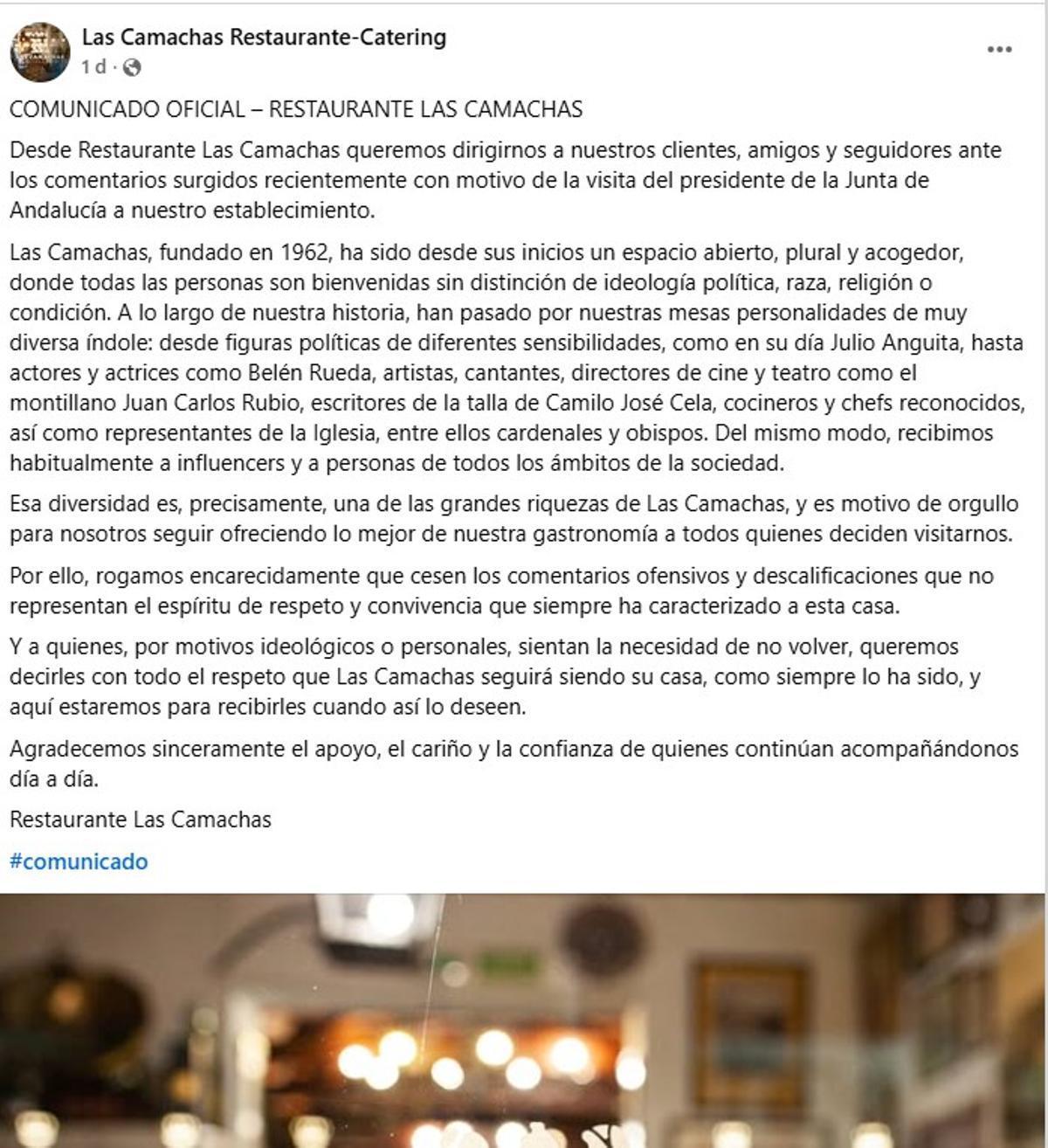 Comunicado emitido por el restaurante Las Camachas en Facebook.
