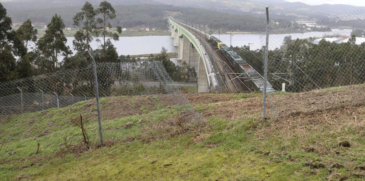 El vallado roto y, al fondo,  un tren de mercancías cruza el puente sobre el Ulla. | NOÉ  PARGA