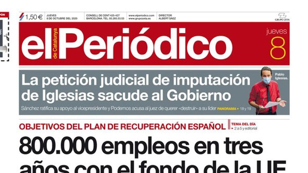 La portada de EL PERIÓDICO del 8 de octubre del 2020