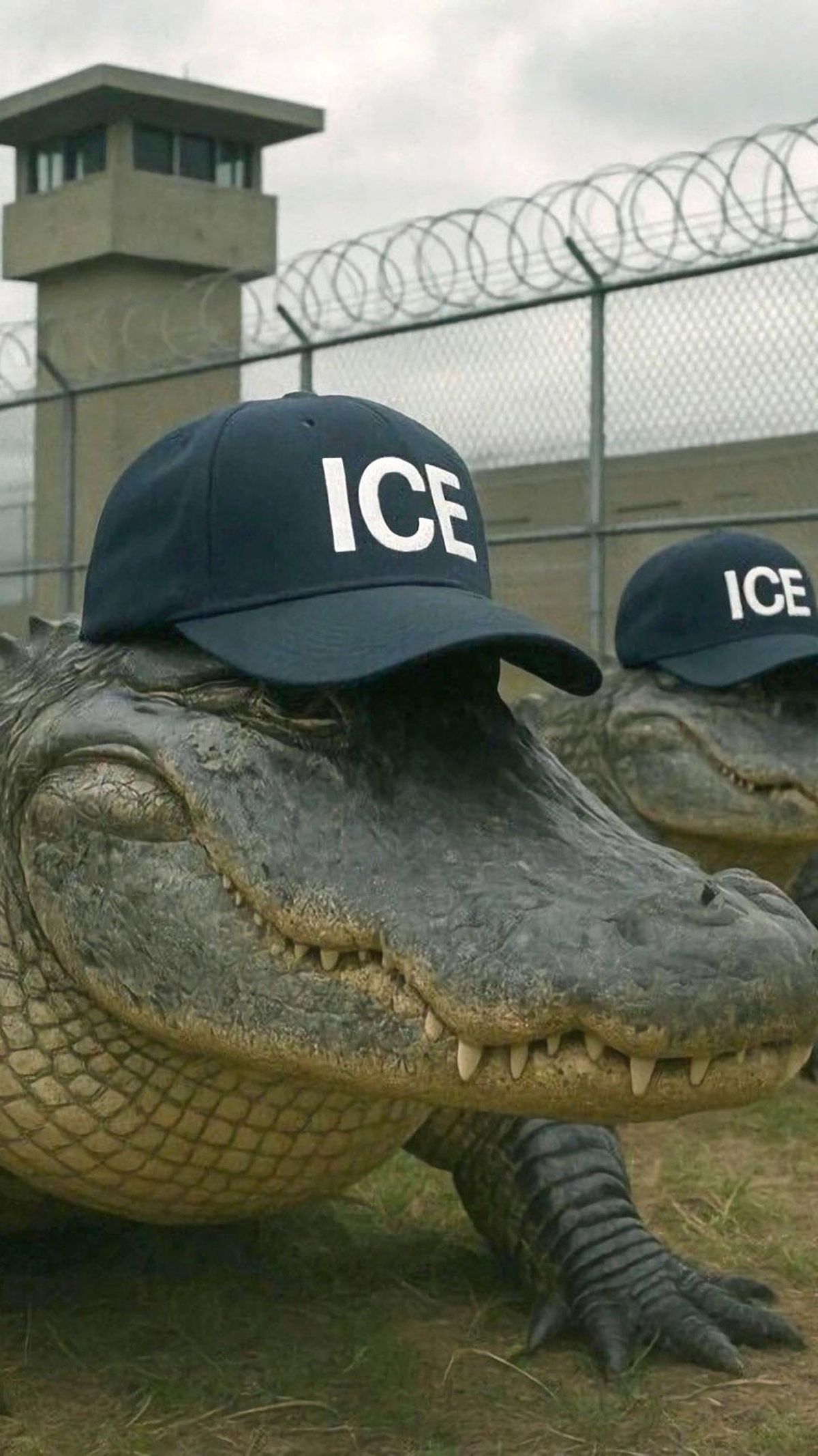 Fotografía publicada por el Departamento de Seguridad Nacional (DHS) de Estados Unidos en su cuenta oficial en la red social X de caimanes con gorras del Servicio de Inmigración y Control de Aduanas (ICE) frente a un centro de detención. Fotografía publicada por el Departamento de Seguridad Nacional (DHS) de Estados Unidos en su cuenta oficial en la red social X de caimanes con gorras del Servicio de Inmigración y Control de Aduanas (ICE) frente a un centro de detención.