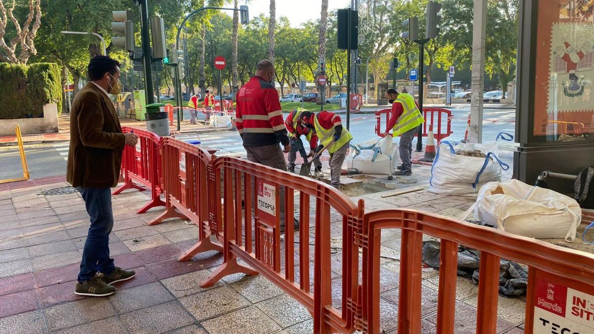 El vicealcalde de Murcia supervisó ayer las obras en la avenida Abenarabi.  | L.O.