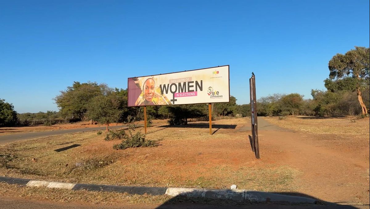 Cartel llamando a la participación femenina en las elecciones en una carretera de Unguza.
