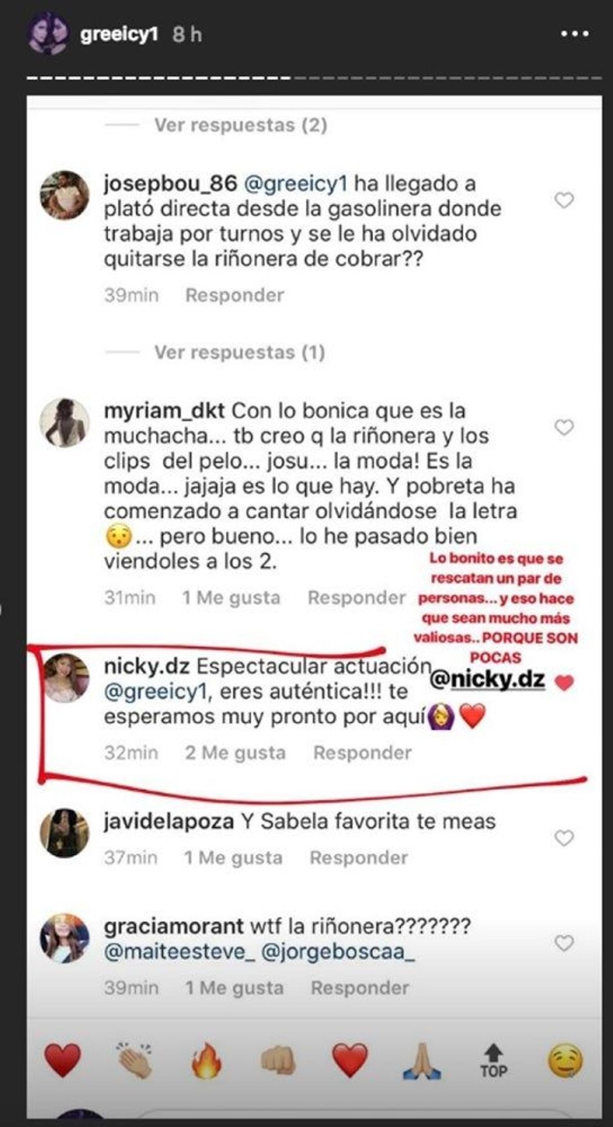 Comentarios de apoyo a Greeicy