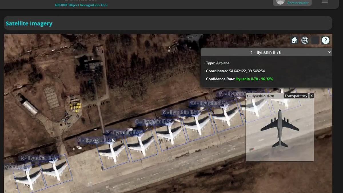 Análisis de una imagen de satélite de bombarderos rusos en una base aérea por el programa EOMaster