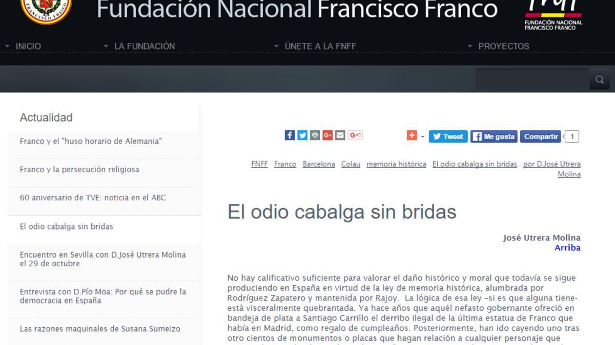 Captura de pantalla del artículo de Utrera Molina publicado en la web de la Fundación Francisco Franco.