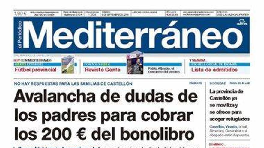 &#039;Avalancha de dudas de los padres para cobrar los 200 euros del bonolibro&#039;, titular de portada de El Periódico Mediterráneo.