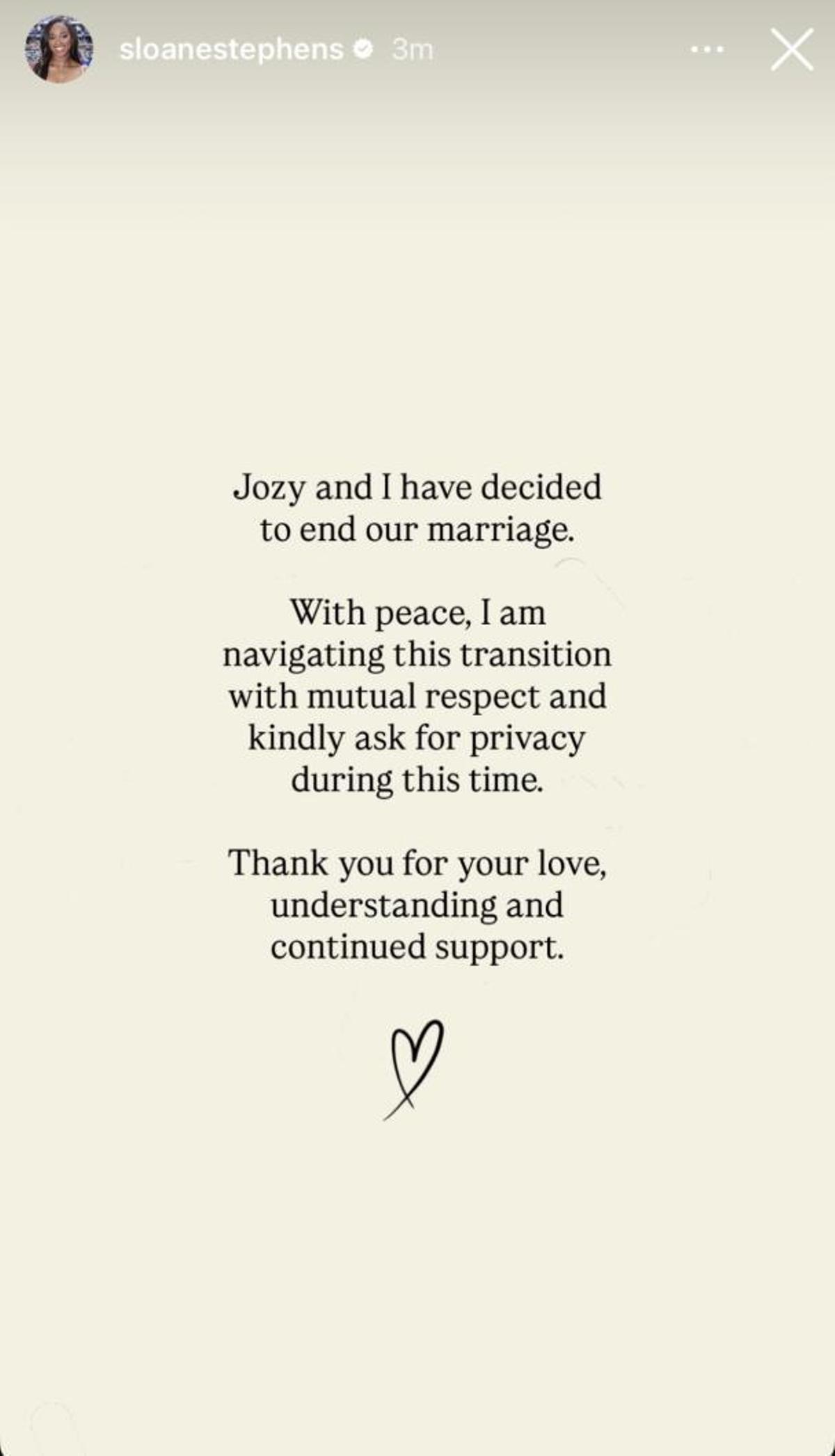 Historia de Instagram de Sloane Stephens explicando el fin del matrimonio con Jozy Altidore.