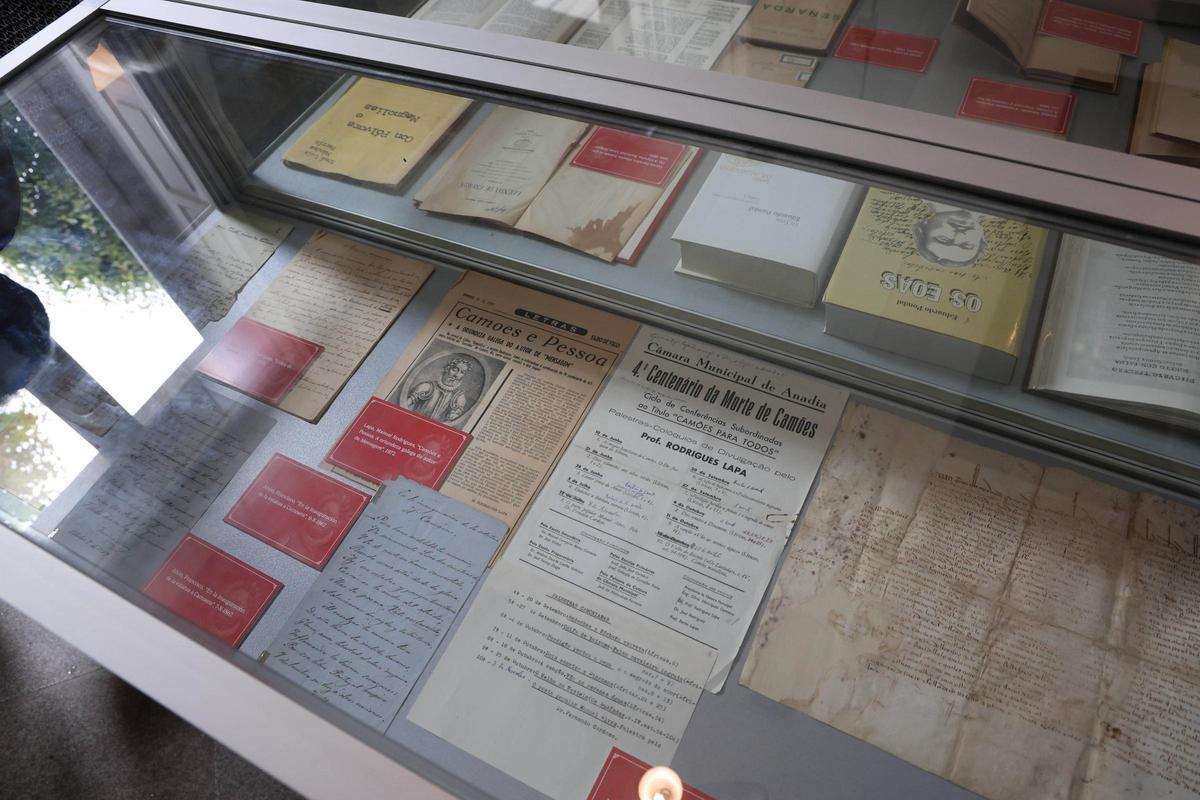 Vitrina da exposición sobre a relación de Camoes con Galicia. Á dereita, pergameo sobre o seu tataravó de Camos, Nigrán.