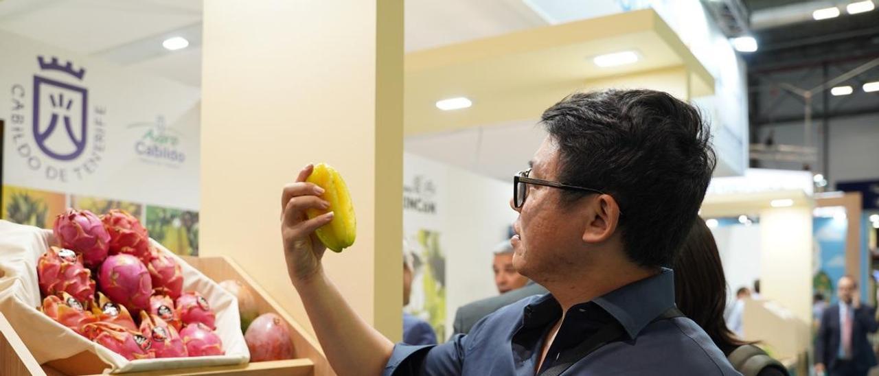 Un visitante de la ‘Fruit Atracttion’ de Madrid observa productos canarios.