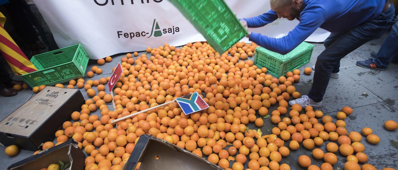 Un agricultor protesta por la competencia desleal que suponen los cítricos sudafricanos para la naranja autóctona.