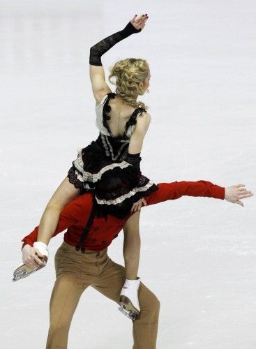 France's Pernelle Carron and Lloyd Jones perform during the ice dance short dance program at the European Figure Skating Championships in Zagreb