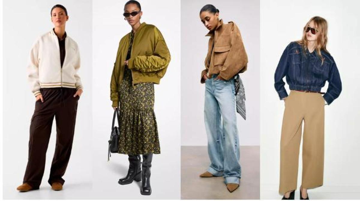 Jaqueta bomber amb cremallera completa de Guess. | Caçadora 'bomber oversize' amb rivets acanalats de Michael Kors. | Jaqueta bomber denim amb baix elàstic de Zara. | Caçadora globus efecte antelina de Stradivarius. / .