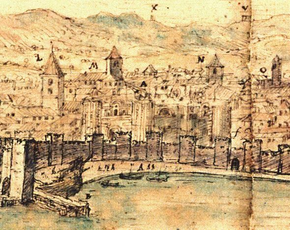 Detalle de la famosa vista de Málaga de Anton van der Wyngaerde, de 1564, en la que se aprecia la Catedral en plena construcción.