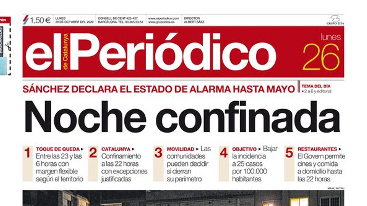 La portada de EL PERIÓDICO del 26 de octubre del 2020.