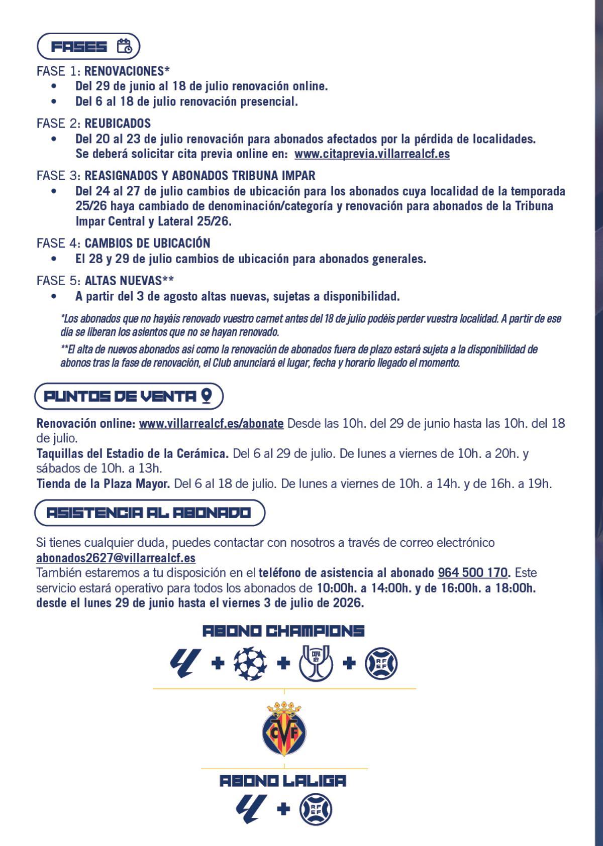 Las fases de la campaña de abonos del Villarreal en la 2026/2027.