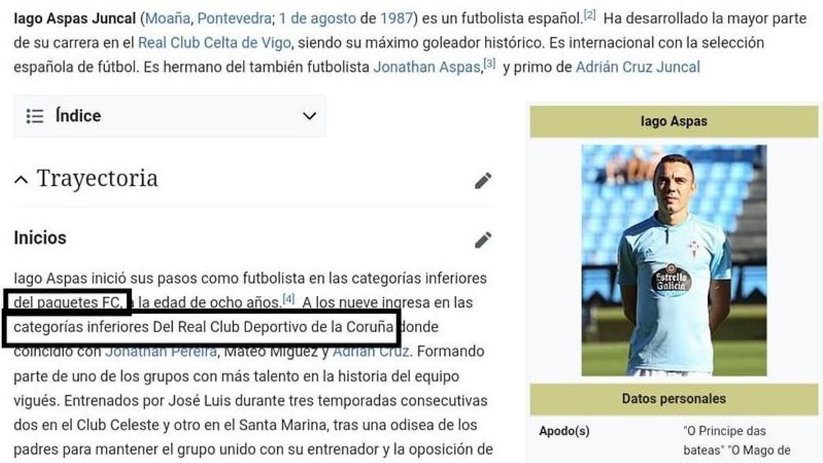 Captura de Wikipedia con los datos inverosímiles sobre Aspas.