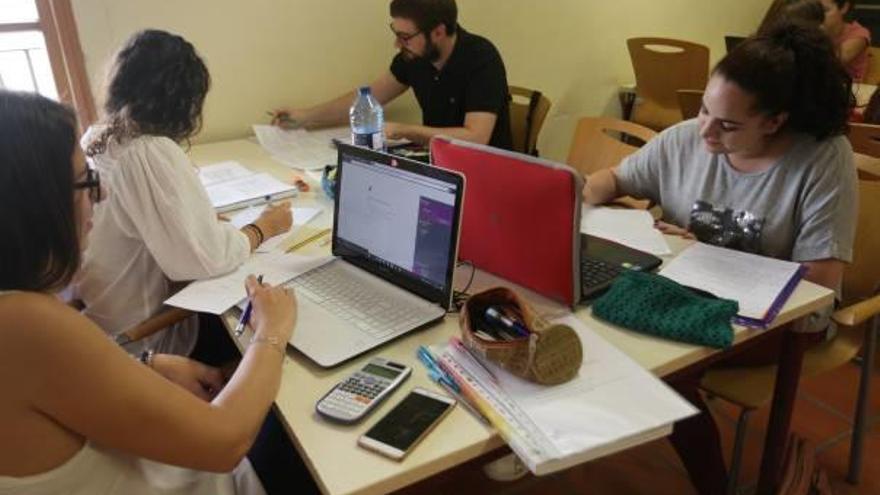 Un grupo de estudiantes trabaja con sus ordenadores en la Biblioteca Central de Gandia, hace unos días.