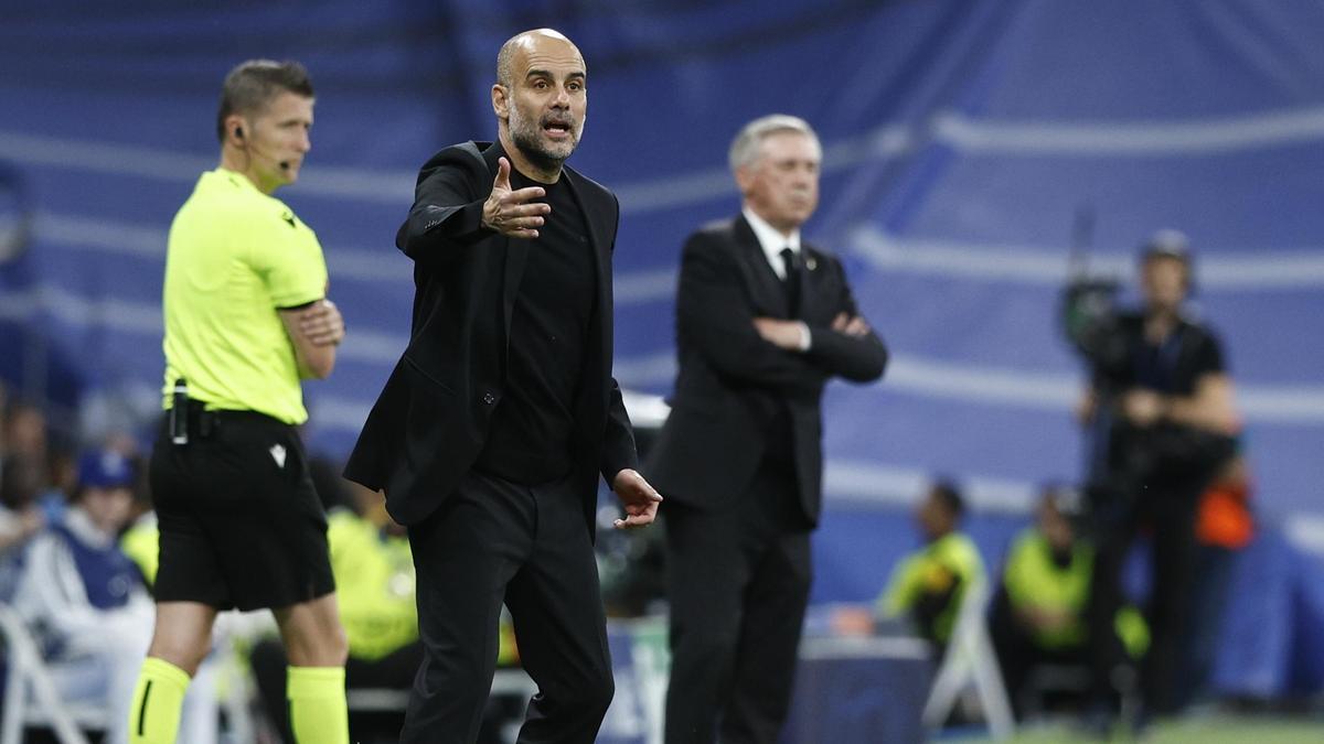 Pep Guardiola y Carlo Ancelotti, durante el Real Madrid - Manchester City.