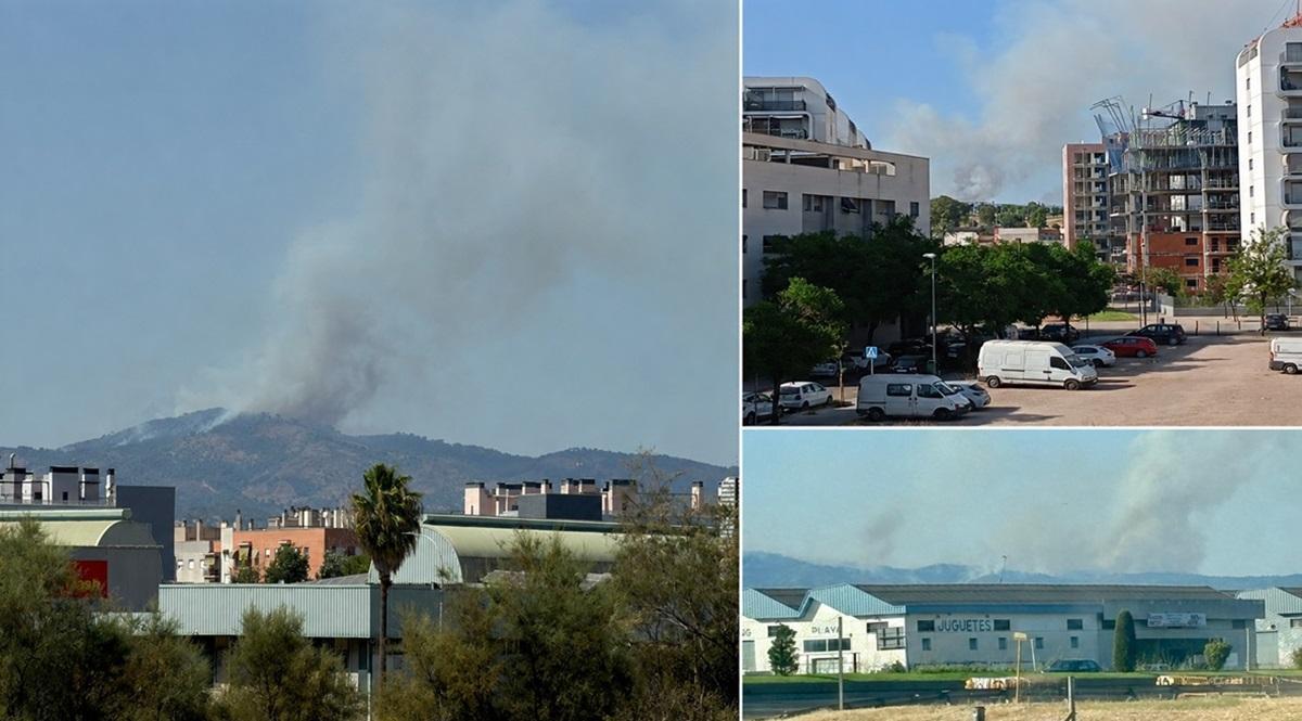 A la izquierda, la columna de humo vista desde el cruce de la A 4 con el estadio El Arcángel; arriba a la derecha, desde Fuente de la Salud,y abajo, desde el polígono de la Torrecilla.