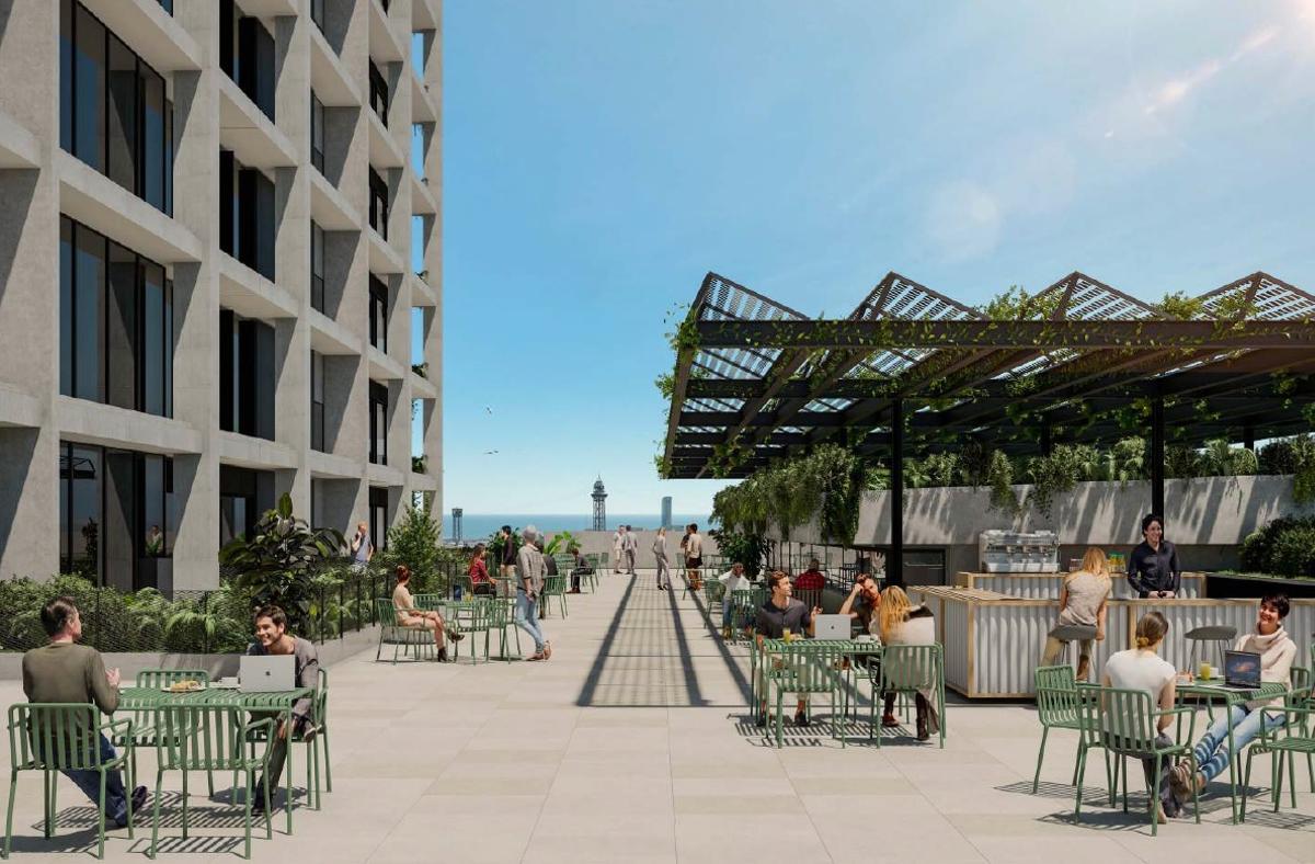 Recreación de la terraza prevista en la quinta planta del edificio de oficinas de las Tres Xemeneies, en Barcelona.