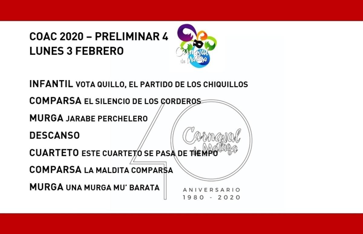 Orden de actuación del COAC del Carnaval de Málaga 2020