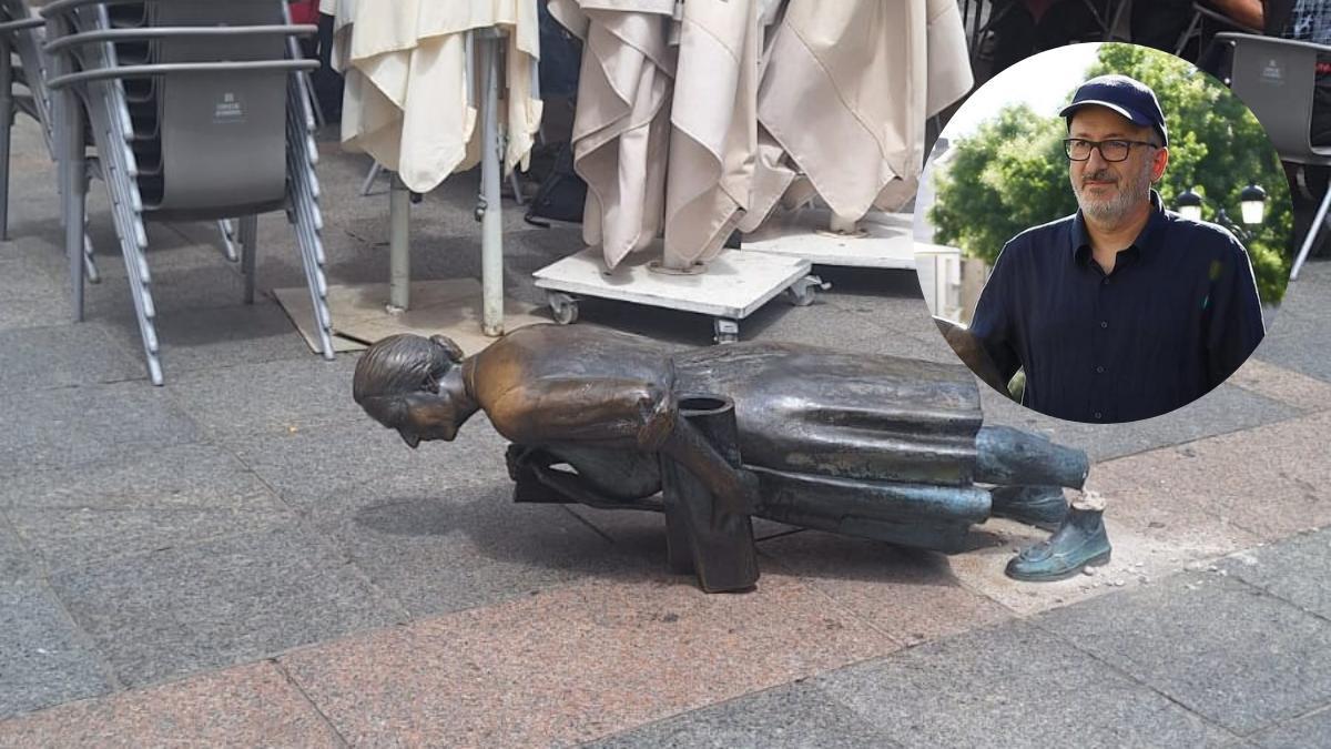 La estatua de Leoncia, caída. En el círculo, el encargado de la reparación, José Antonio Calderón Silos.