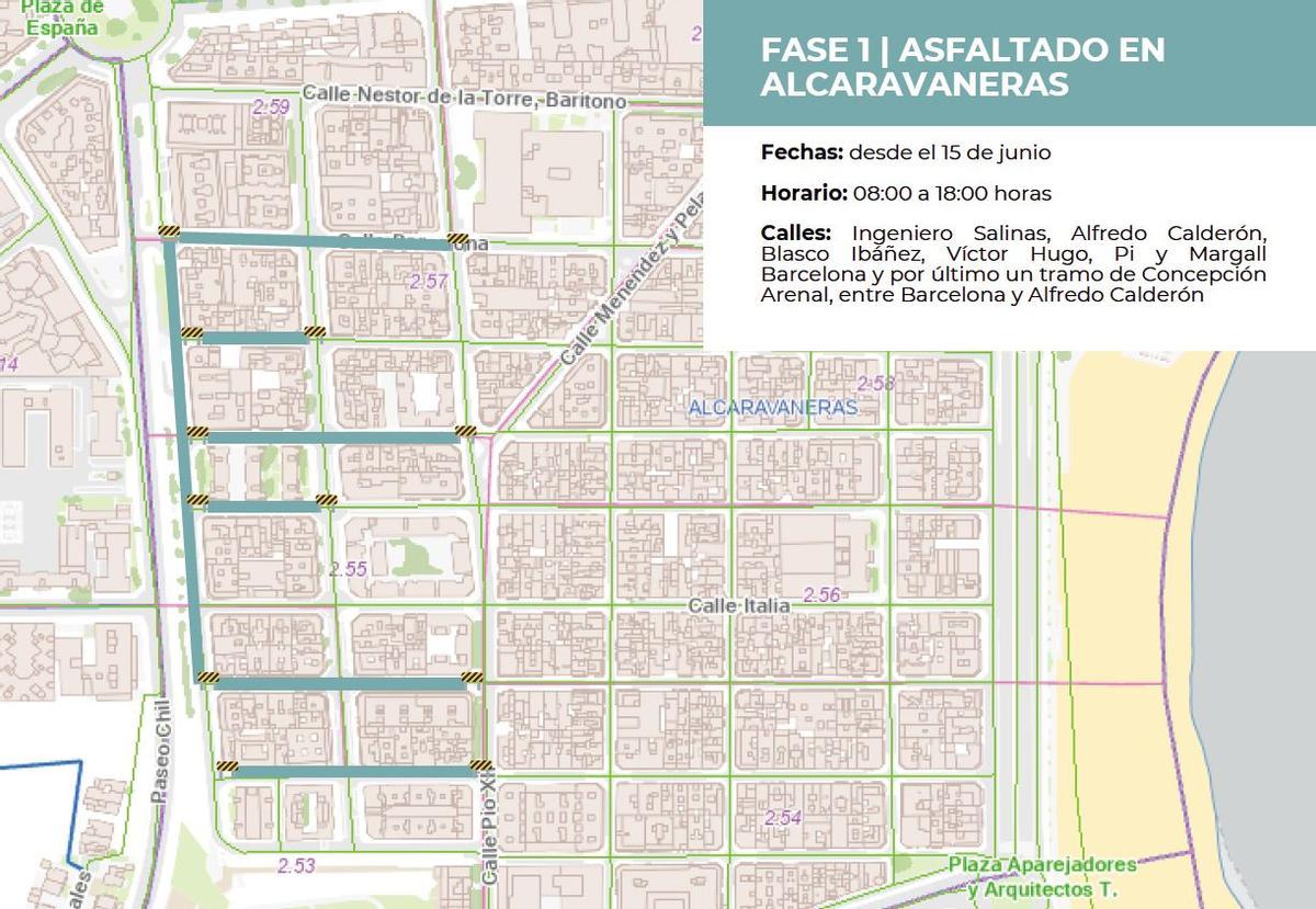 Mapa con los cortes de calles en Alcaravaneras por las obras de asfaltado