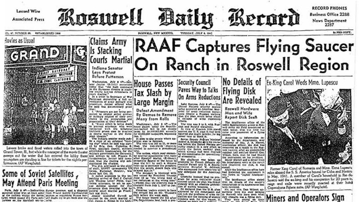 Portada del 'Roswell Daily Record' sobre la caída de un platillo volante en la localidad de Nuevo México, en 1947