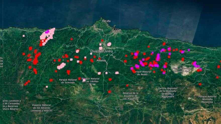 El mapa en tiempo real de los incendios en Asturias: una región en rojo