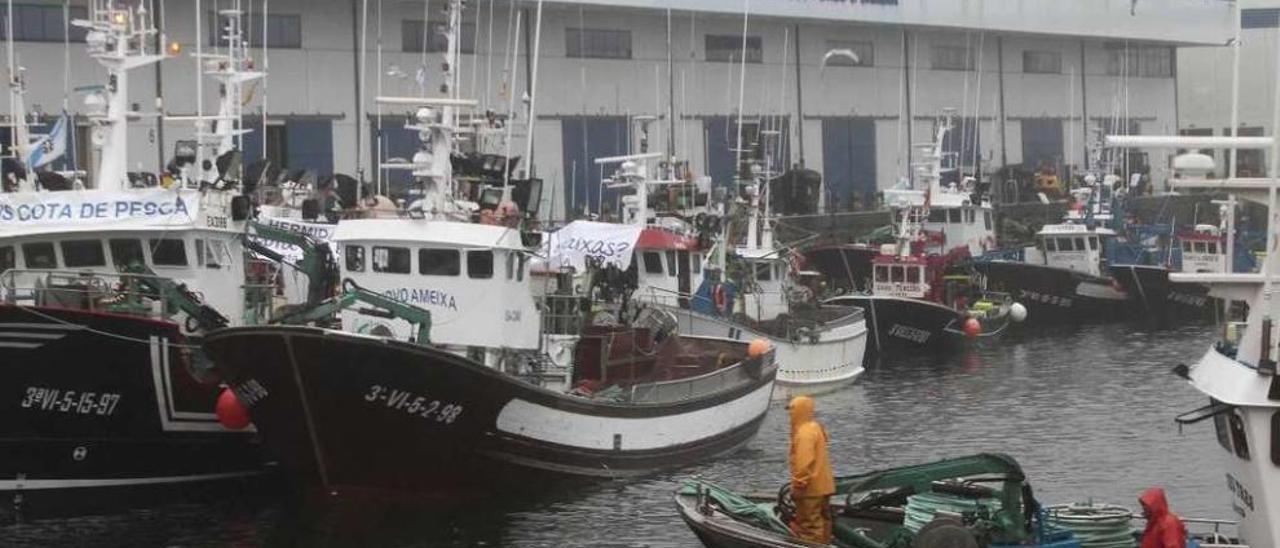 Los barcos de cerco del puerto de Vigo durante la última protesta, en agosto. // Adrián Irago