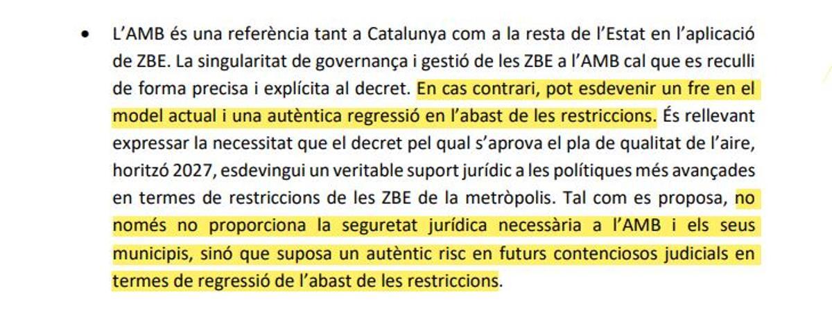Subrayado de la carta del AMB a la Generalitat por el decreto catalán de ZBE.
