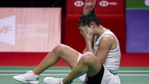 Carolina Marín, emocionada, después de proclamarse campeona del Abierto de Tailandia, en Bangkok.