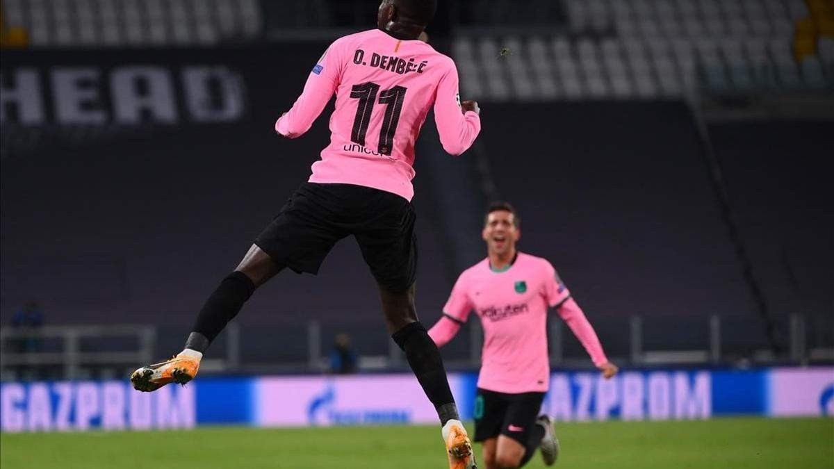 Dembélé celebra el tanto ante la Juventus