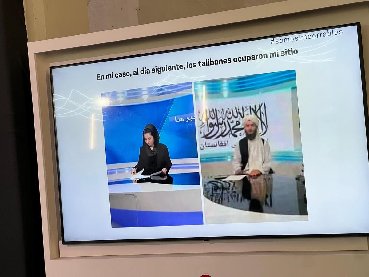 A la izquierda, Khadija presentando el informativo; a la derecha, horas después un talibán la reemplaza.