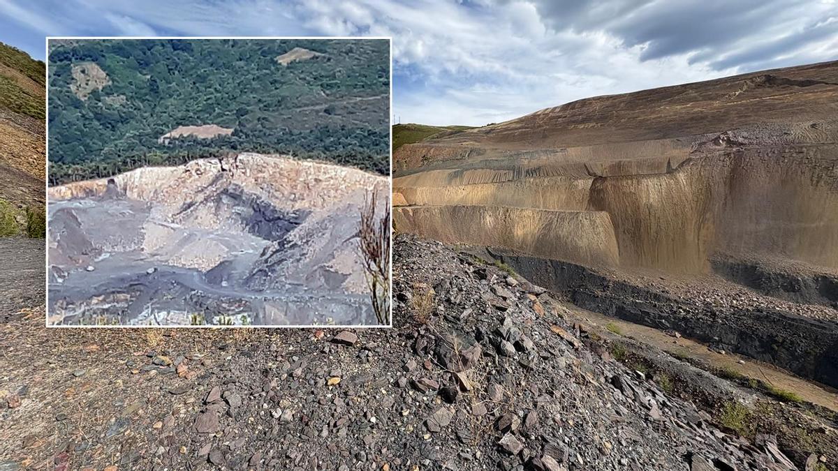 Mina a cielo abierto de Tormaleo. En el recuadro, frente abierto en la explotación, con una capa de carbón a la vista, y donde no existe permiso de extracción al estar en labores de restauración.