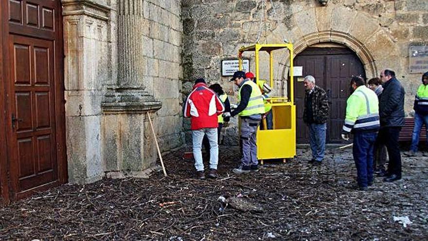 Material del nido de cigüeñas diseminado por el suelo de las inmediaciones de la iglesia de Alcañices.