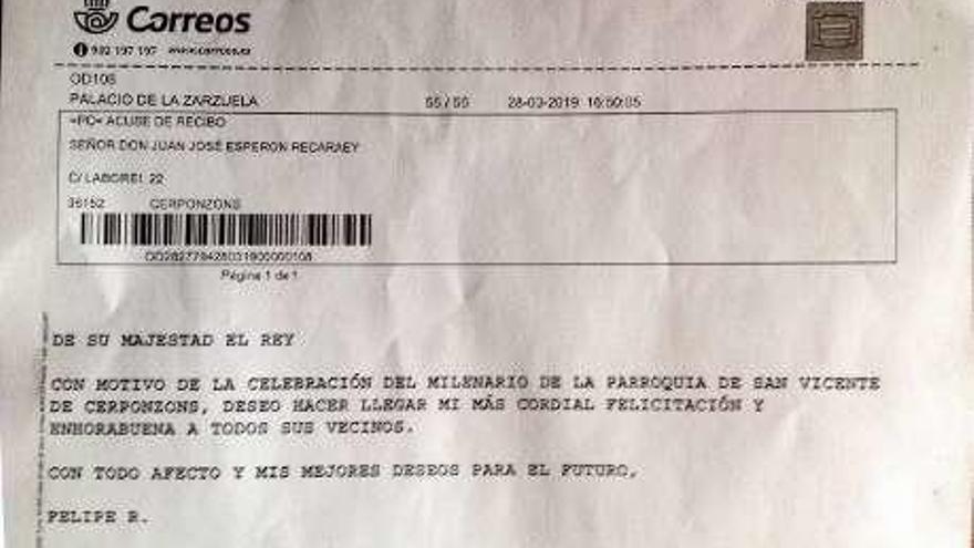 Telegrama enviado por el Rey a la asociación O Chedeiro. // FdV