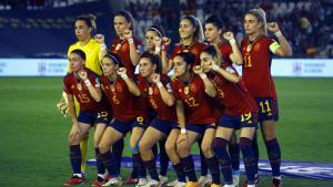 Las jugadoras de la selección española, antes del encuentro de laLiga de las Naciones entre España y Suiza.