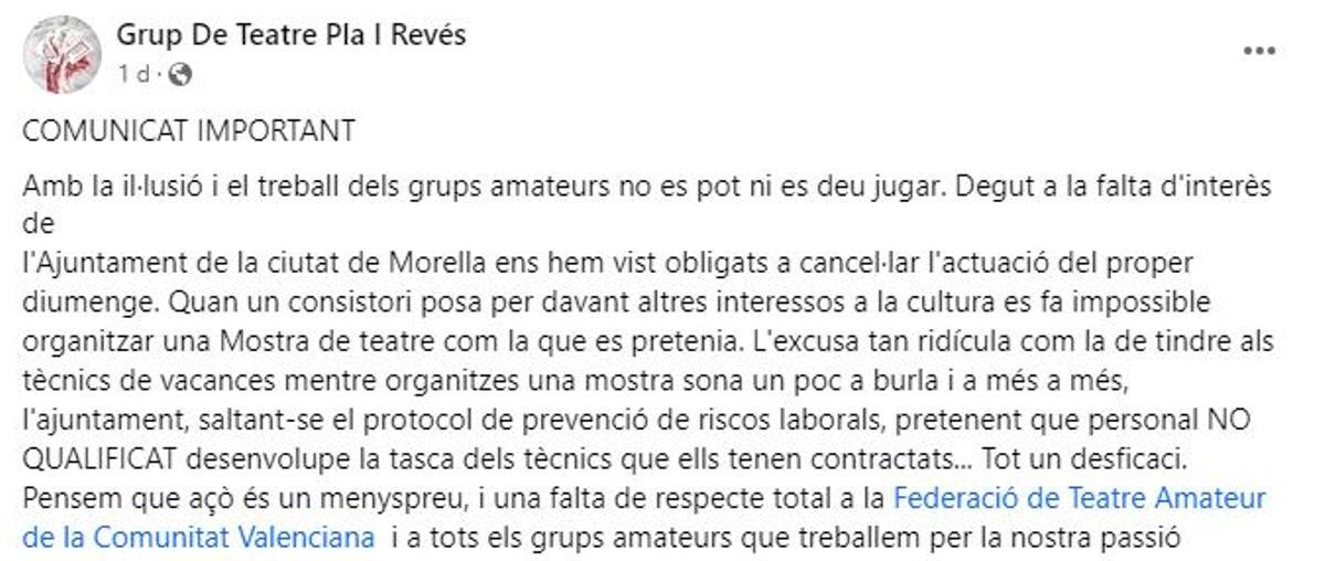 Comunicado del Grup de Teatre Pla i Revés en su perfil de Facebook.
