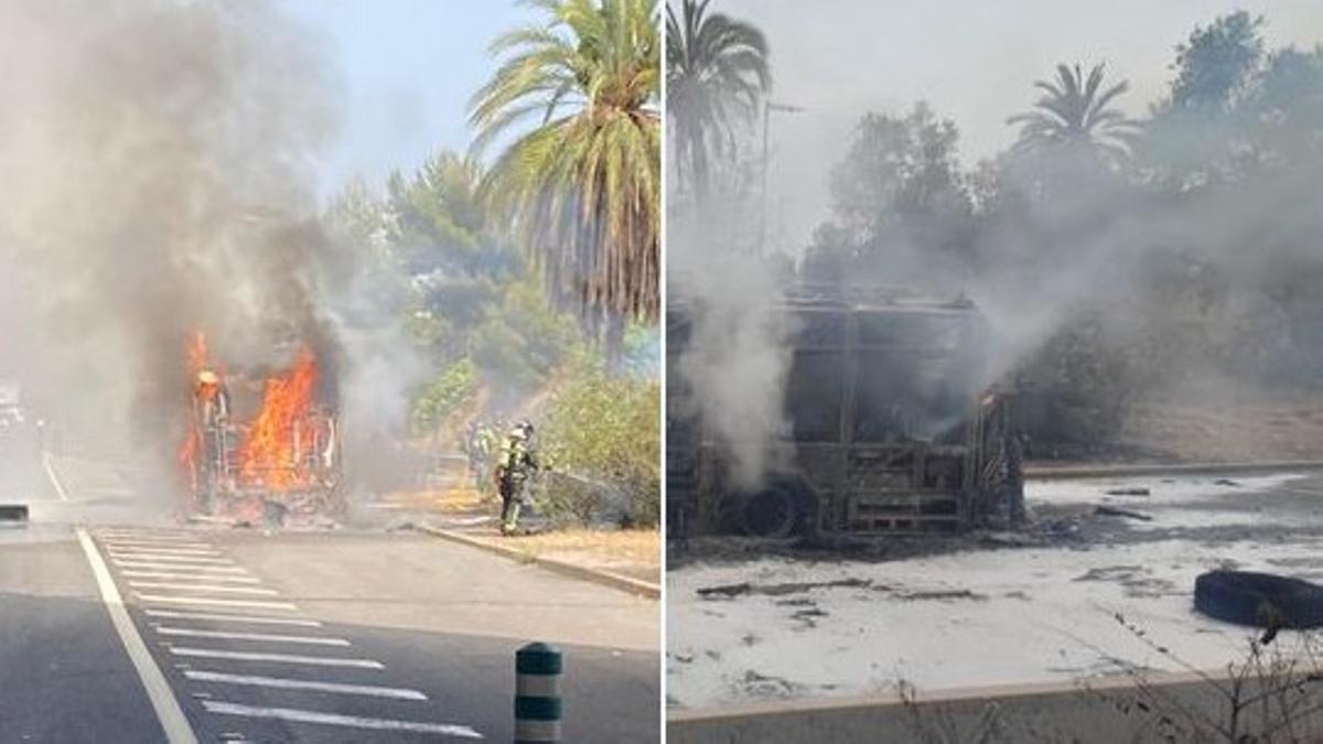 Un autobús se incendia en la avenida Diagonal de Barcelona este jueves.